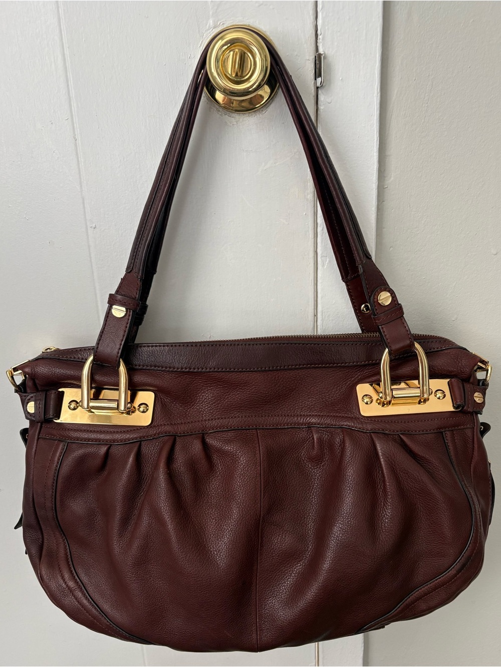 B Makowsky Hobo Ebony ( Reddish Brown) Leather Bag Purse Gold Accents - Preused